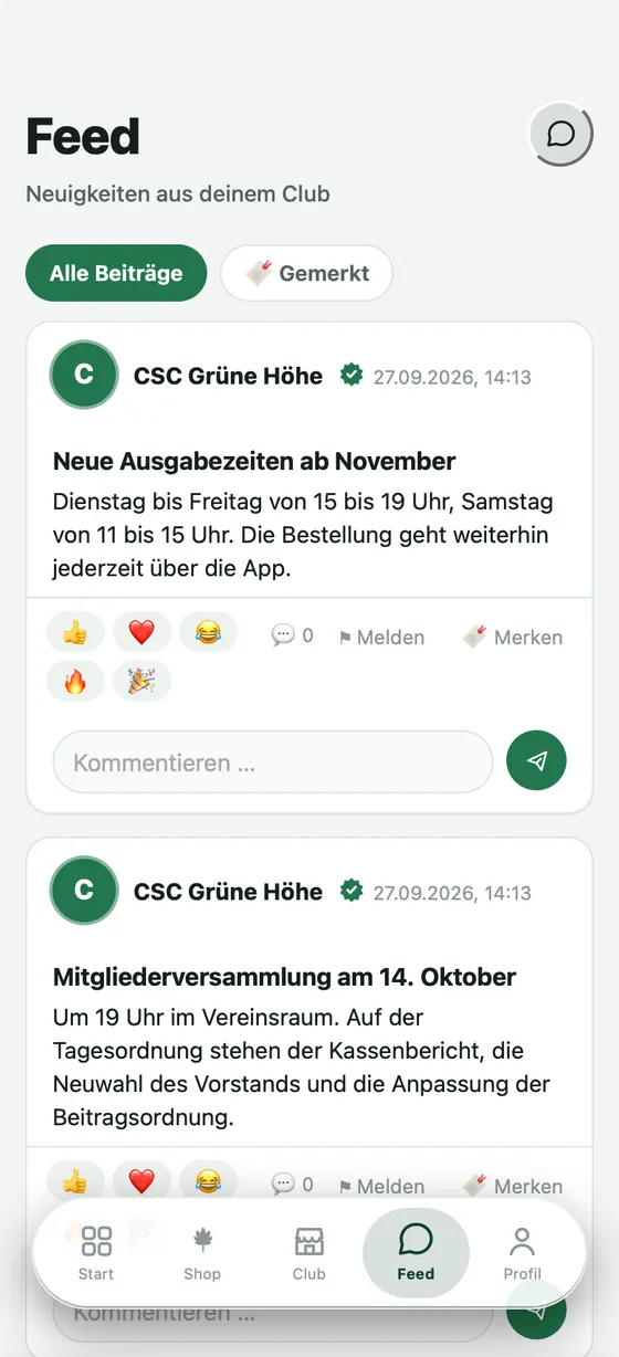 Der Feed des Clubs in der App: Neuigkeiten, Reaktionen und Kommentare