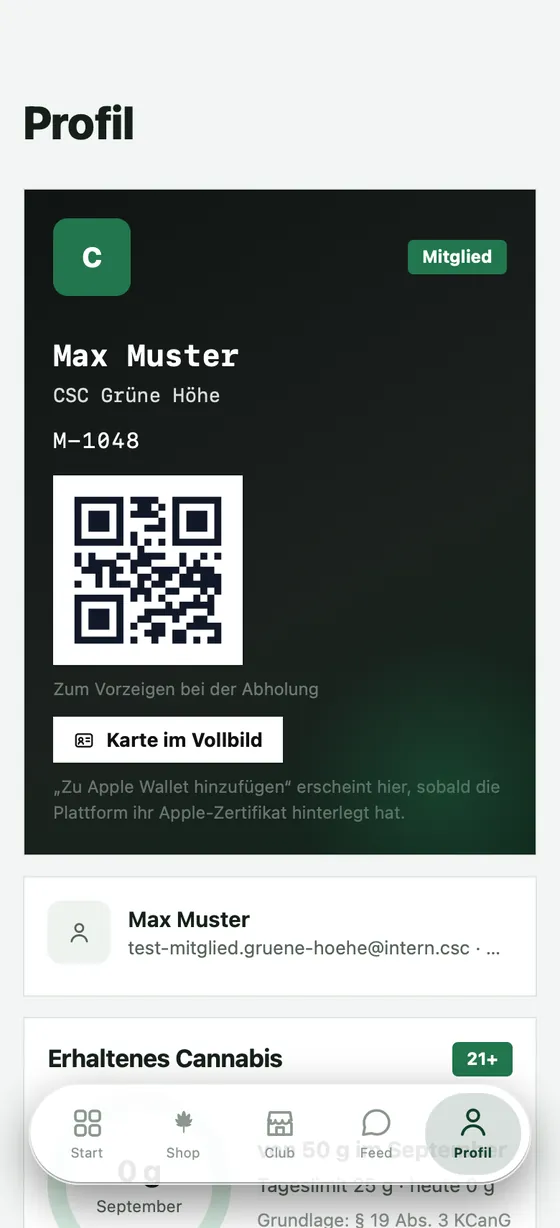 Das Profil mit dem digitalen Mitgliedsausweis und dem Code für die Ausgabe