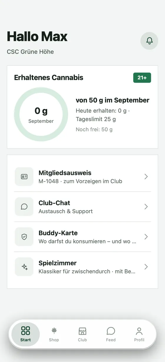 Die Startseite der Mitglieder-App: Monatslimit, Mitgliedsausweis und die Wege zu Chat und Karte