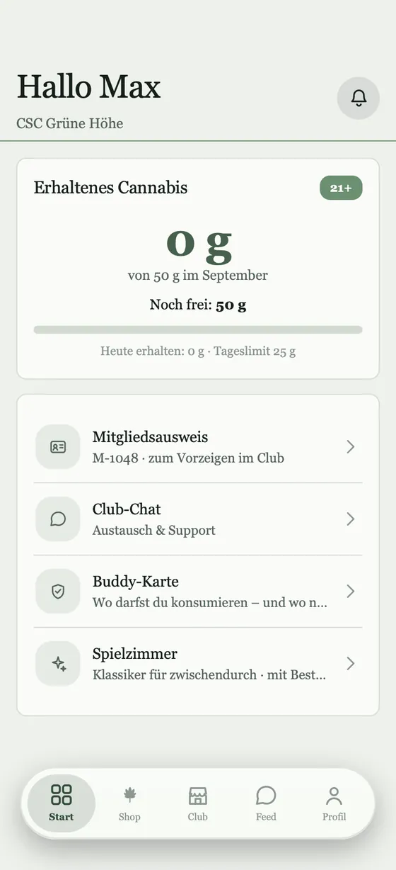 Die Mitglieder-App im Stil „Salbei“